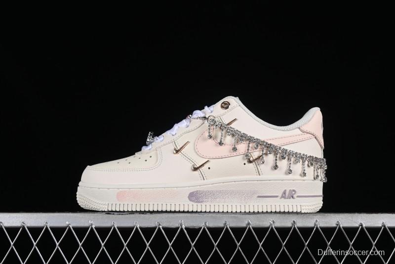 Nike Air Force 1 '07 Low Casual Sneakers in Romantic Pink-Purple with Diamond Chain Accessories - FV1122-333