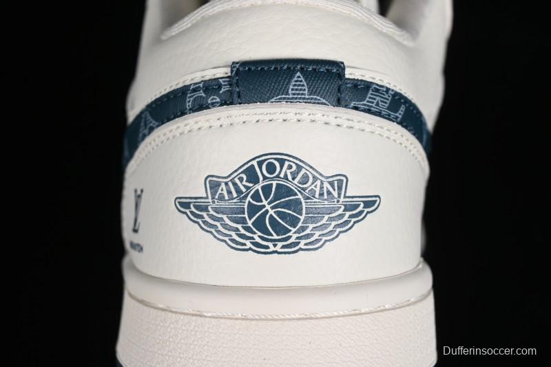 Nike Air Jordan 1 Low LV Collaboration - White with Blue Swoosh Custom Casual Sneakers - WG8850-005