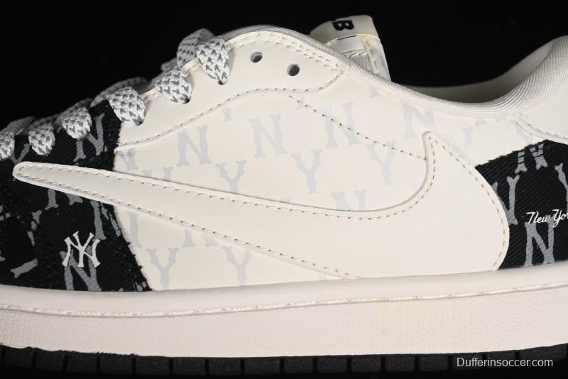 Nike Travis Scott x Fragment Design x Air Jordan 1 Low OG SP AJ1 MLB Collaboration - NY Black Print Low Top Casual Sneakers SJ2068-104
