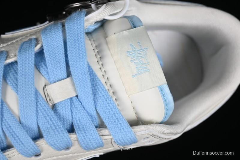Stussy x Nike Dunk Low SB Skate Shoes in White with Light Blue Swoosh - DQ1098-380