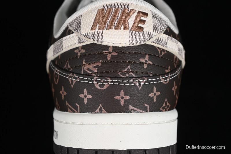 Nike SB Dunk Low LV Collaboration - Checkerboard Brown Monogram White Swoosh Anniversary High-End Custom Low-Top Casual Skate Shoes - SJ2068-255