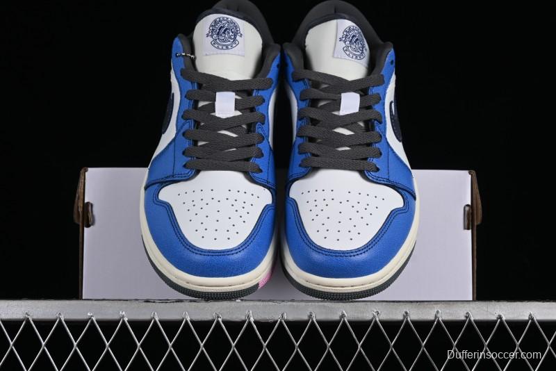 Nike Air Jordan 1 Low Flight Vintage Casual Sneakers with Distressed White-Blue Design - FV8439-104