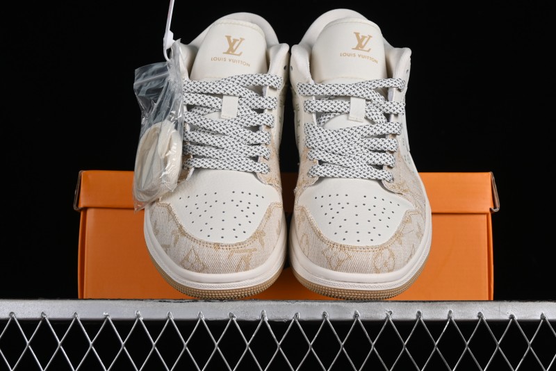 Nike Air Jordan 1 Low LV Collaboration Denim Khaki Customized Casual Sneakers - SJ9950-002