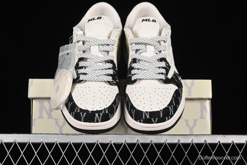 Nike Travis Scott x Fragment Design x Air Jordan 1 Low OG SP AJ1 MLB Collaboration - NY Black Print Low Top Casual Sneakers SJ2068-104