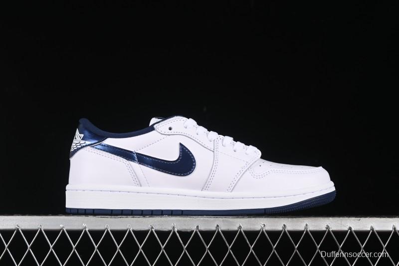Nike Air Jordan 1 Low 85 Retro Sneakers in White with Metallic Blue Swoosh - FB9933-141