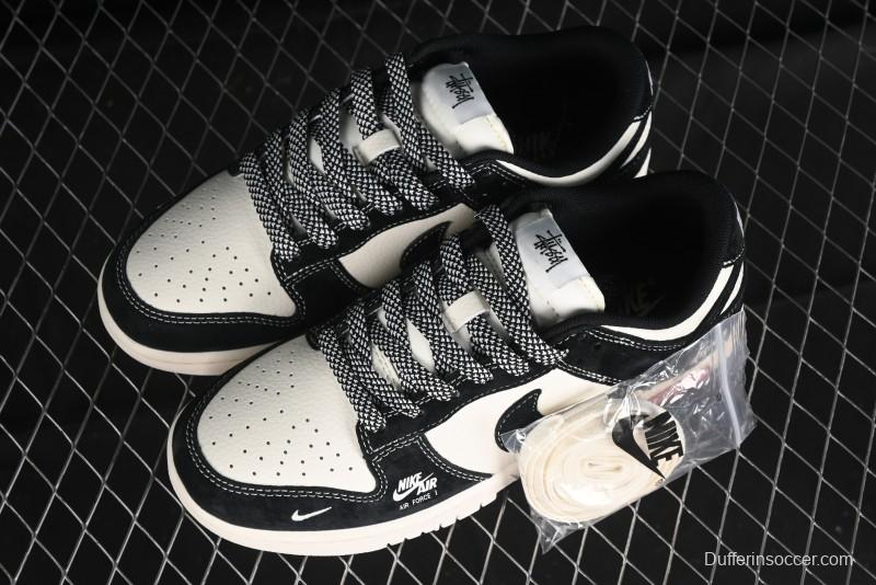 Nike SB Dunk Low Supreme x Stussy Triple Collaboration - Black White Black Swoosh Anniversary Custom Low Top Casual Skate Shoes - SJ2068-300