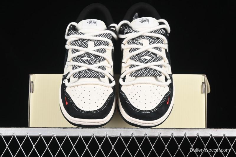 Nike SB Dunk Low Stussy Collaboration - White Embroidery Black Swoosh Anniversary Custom Low-Top Casual Sneakers - SJ2068-311