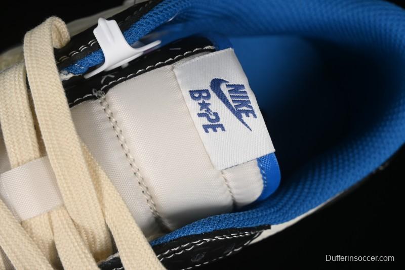 Nike Travis Scott x Fragment Design x Air Jordan 1 Low OG SP AJ1 Bape Collaboration - Crocodile Leather Black White Blue Low Top Casual Sneakers - XZ2828-001