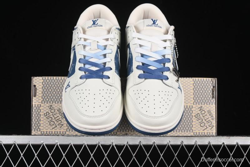 Nike SB Dunk Low LV Collaboration - Beige Blue Print Anniversary High-End Custom Low-Top Casual Skate Shoes - JH8310-954