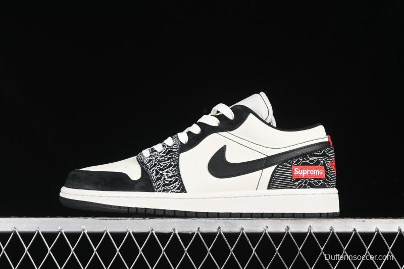 Nike Air Jordan 1 Low Supreme Collaboration - Black White Embossed Custom Retro Basketball Shoes DC2024-032