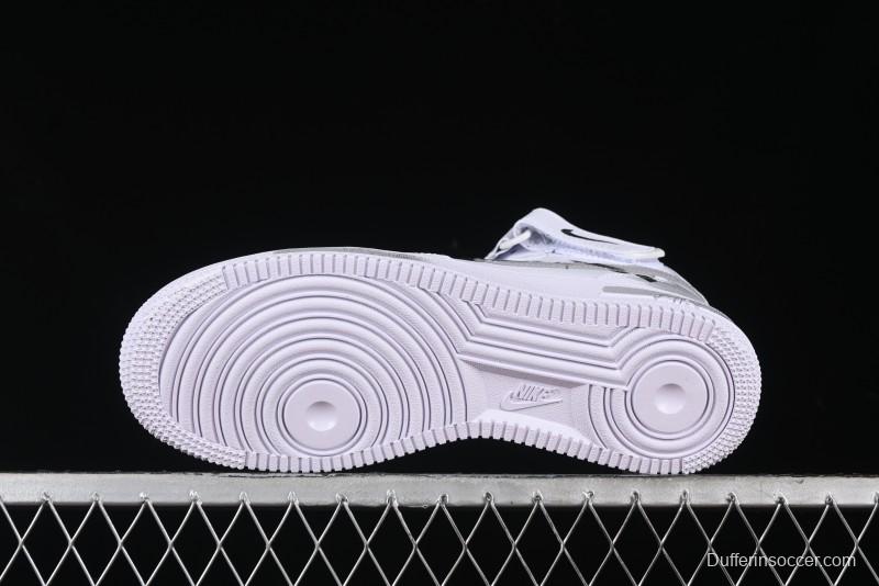 Nike Air Force 1 '07 Mid Casual Sneakers in White/Grey/Black with Hand-Painted Cracked Swoosh Shadow Detail - CW2289-111