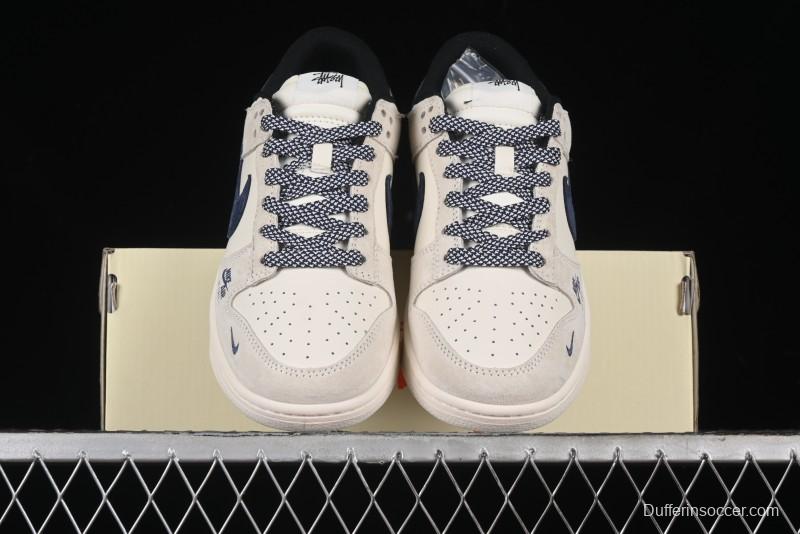 Nike SB Dunk Low Supreme x Stussy Triple Collaboration - Off White Navy Swoosh Anniversary Custom Low-Top Casual Sneakers - SJ2068-301