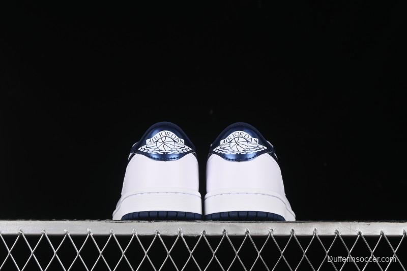 Nike Air Jordan 1 Low 85 Retro Sneakers in White with Metallic Blue Swoosh - FB9933-141