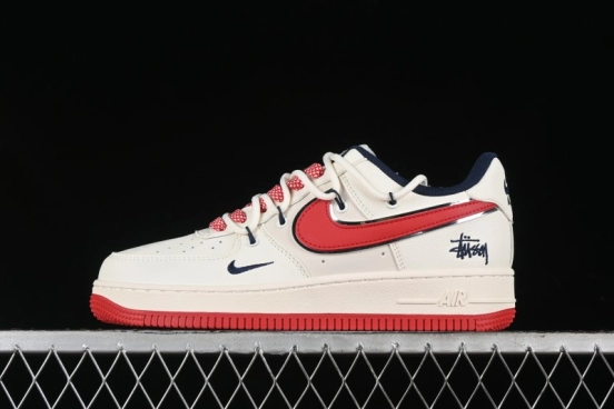 Nike Air Force 1 '07 Low Stussy Collaboration - Off White Red Lace-Up Low-Top Casual Sneakers - SJ1198-300
