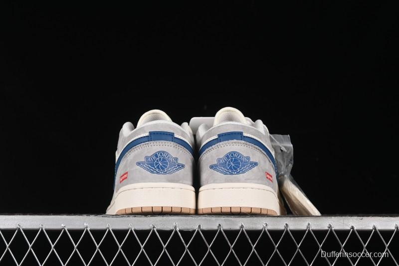 Nike Air Jordan 1 Low Supreme Collaboration - Retro Basketball Shoes in Blue and Gum Sole - SJ9950-022