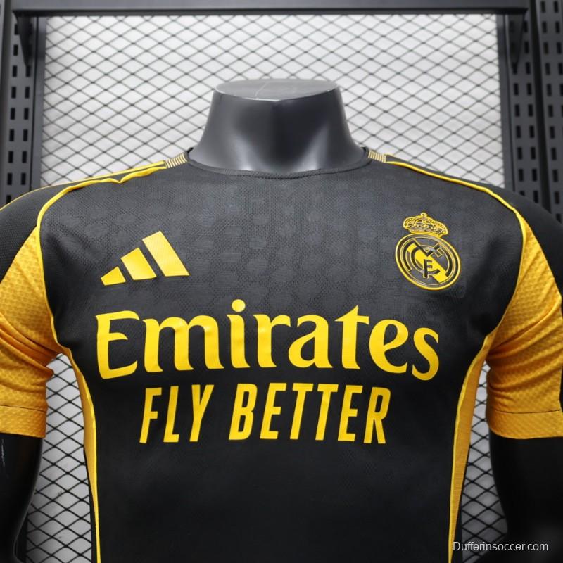 Player Version 25/26 Real Madrid Black with Gold Accents and Emirates Sponsor Jersey
