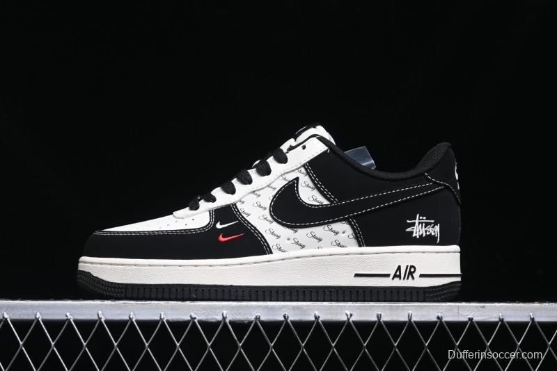 Nike Air Force 1 '07 Low Stussy Collaboration - Black White Mini Swoosh Low-Top Casual Sneakers - SJ6698-010