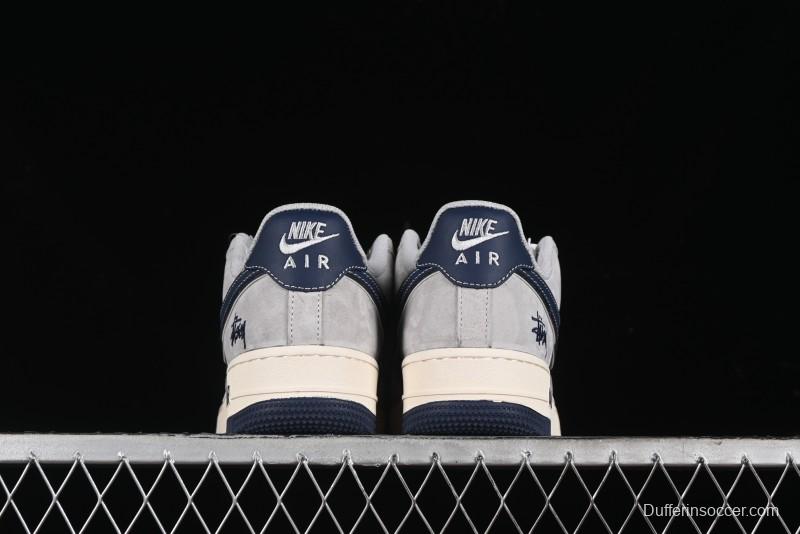 Nike Air Force 1 '07 Low Stussy Collaboration - Grey Pigskin Blue Sole Low-Top Casual Sneakers - SJ6698-005