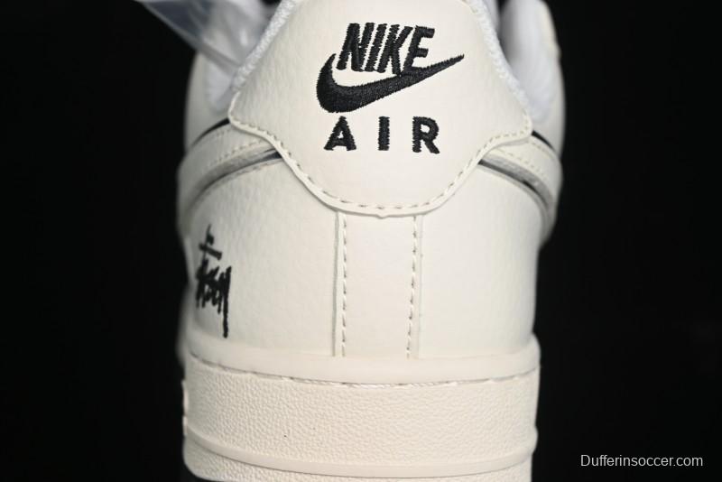 Nike Air Force 1 '07 Low Stussy Collaboration - Black Sail Silver Swoosh Casual Sneakers - XZ6188-729