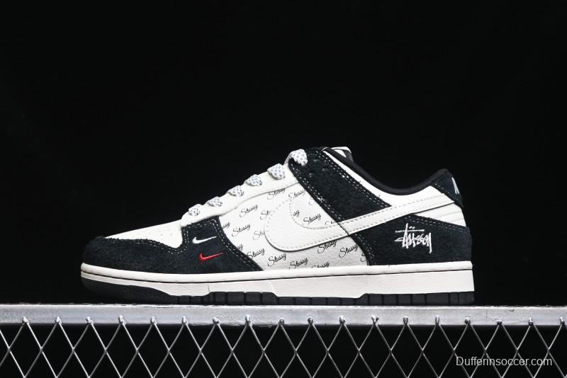 Nike SB Dunk Low Stussy Collaboration - Black White Mini Swoosh Anniversary Custom Low-Top Casual Skate Shoes - XY1688-017