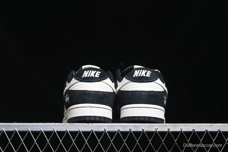 Nike SB Dunk Low Stussy Collaboration - Black White Mini Swoosh Anniversary Custom Low-Top Casual Skate Shoes - XY1688-017