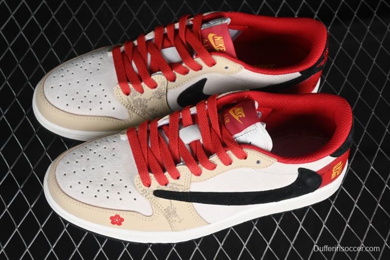 Nike Travis Scott x Fragment Design x Air Jordan 1 Low OG SP AJ1 Snake Year Limited Red Brown Black Swoosh Low Top Casual Sneakers - DM7866-077