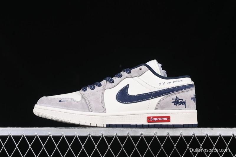 Nike Air Jordan 1 Low Stussy Collaboration Blue Suede Retro Basketball Shoes - SJ9950-035