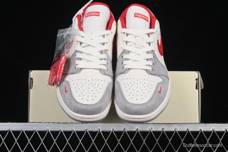 Nike Air Jordan 1 Low AJ1 Supreme Collaboration - White Grey Red Swoosh Retro Basketball Shoes - SJ9950-024