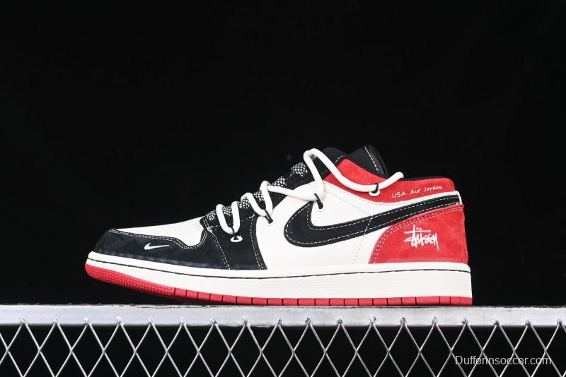 Nike Air Jordan 1 Low Stussy Collaboration - Black Red Custom High-End Retro Basketball Shoes - SJ9950-048