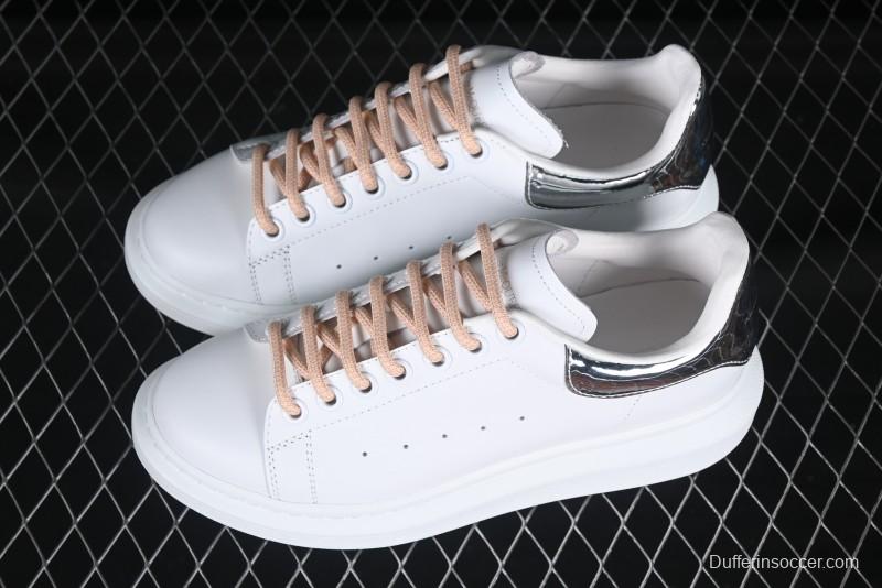 Alexander McQueen Oversized Sneakers with Mirror Silver Heel - White Leather Lace-Up Shoes