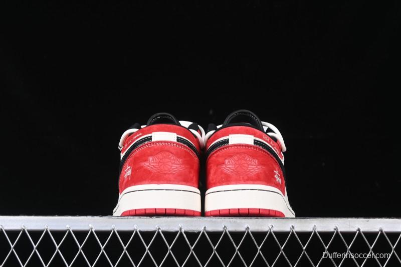 Nike Air Jordan 1 Low Stussy Collaboration - Black Red Custom High-End Retro Basketball Shoes - SJ9950-048