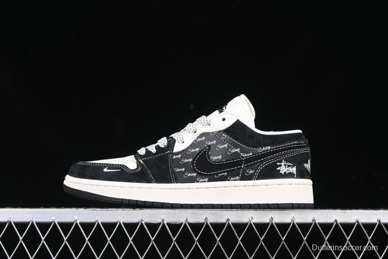 Nike Air Jordan 1 Low Retro Basketball Shoes Custom Stussy Black - FC1688-199