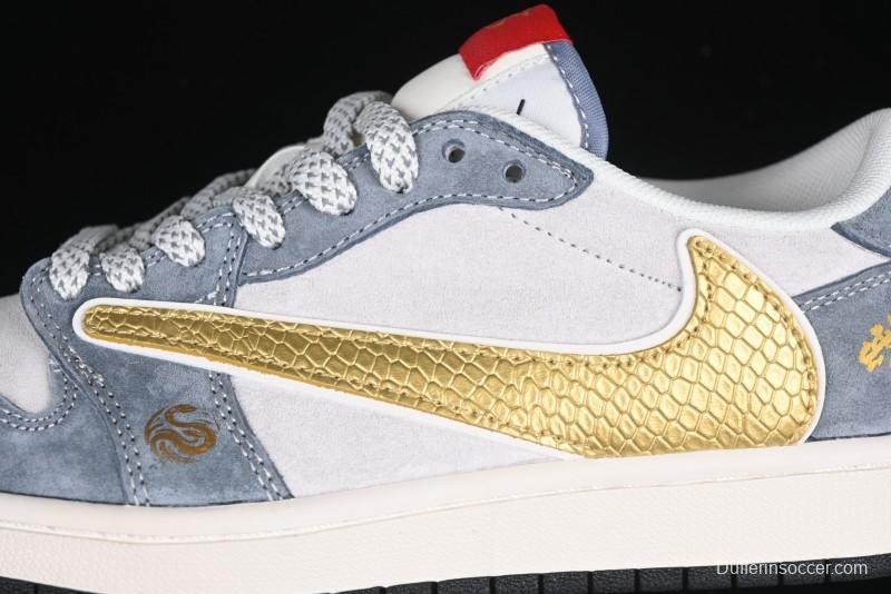 Nike Travis Scott x Fragment Design x Air Jordan 1 Low OG SP AJ1 Snake Year Limited Gold Snake Low-top Casual Sneakers - XZ2025-288