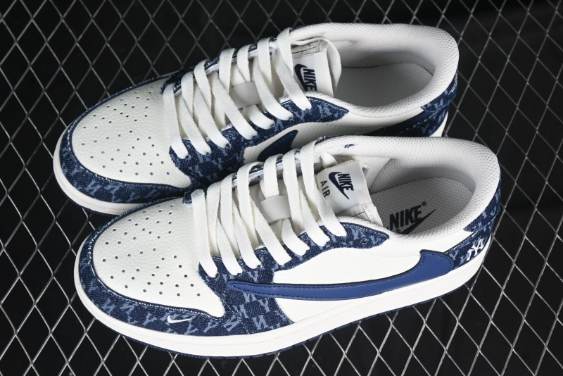 Nike Travis Scott x Fragment Design x Air Jordan 1 Low OG SP AJ1 MLB Collaboration White Blue Denim Low-top Casual Sneakers - DM7866-051