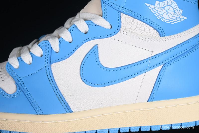 Nike Air Jordan 1 High OG "UNC Reimagined" Retro Basketball Shoes with Cracked Leather and Vintage Midsole - DZ5485-402