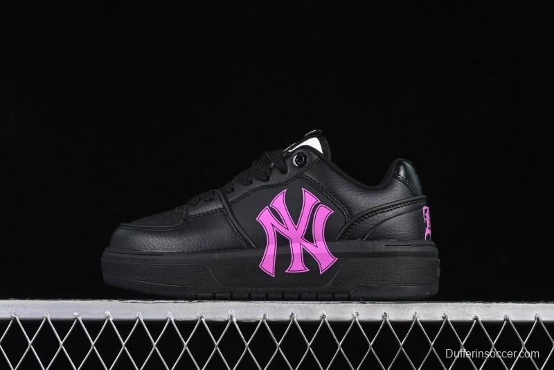 NY Yankees Black Leather Sneakers with Bold Pink Logo