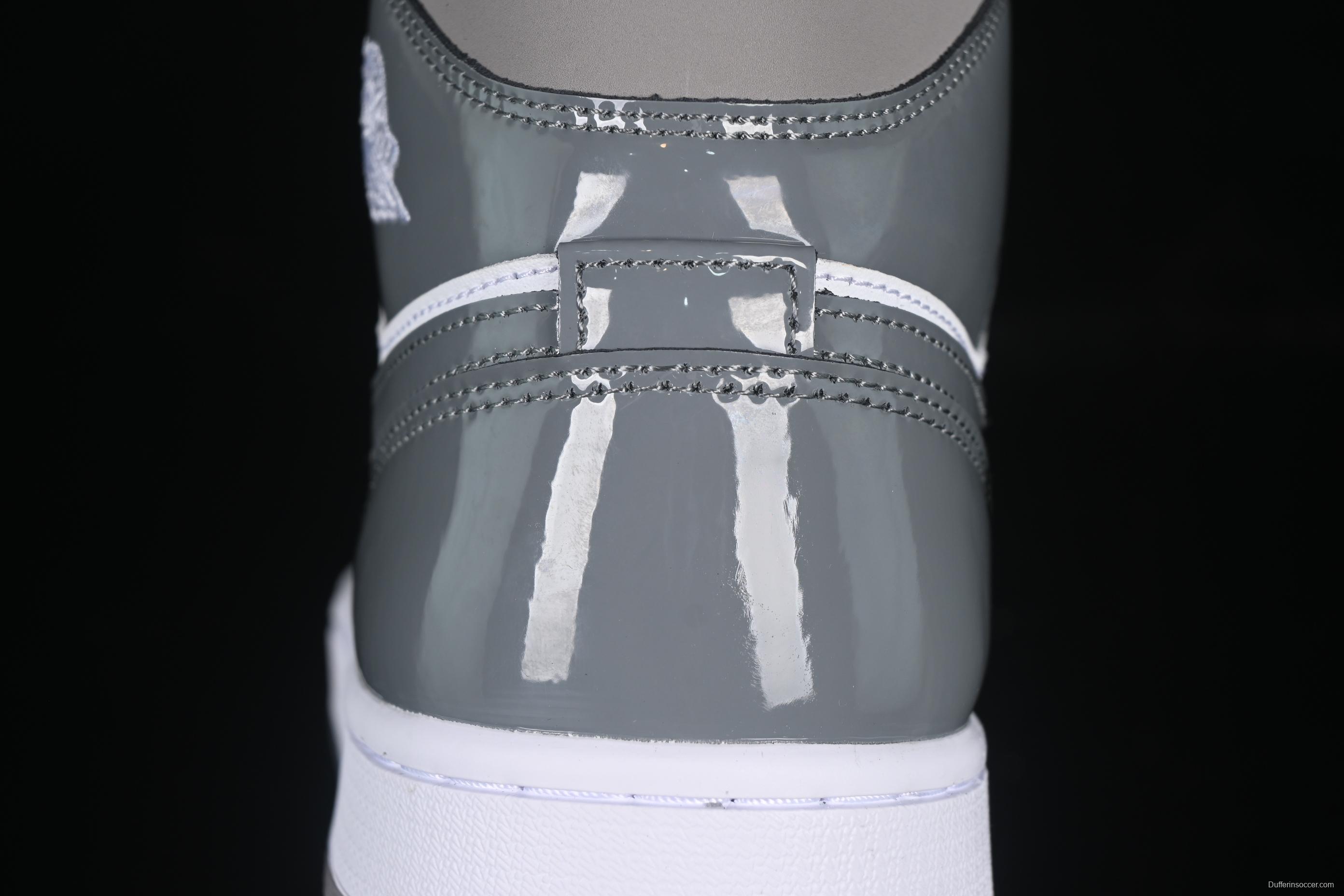 Nike Air Jordan 1 Mid Basketball Shoes in White Grey Patent Leather - HF3216-100