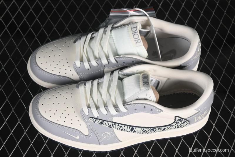 Nike Travis Scott x Fragment Design x Air Jordan 1 Low OG SP AJ1 Dior Collaboration Embossed Pattern Low-Top Casual Sneakers - XS2024-023