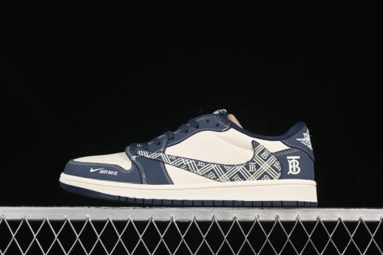 Nike Travis Scott x Fragment Design x Air Jordan 1 Low OG SP AJ1 Burberry Collaboration Dark Blue Swoosh Low-Top Casual Sneakers - LD2025-014