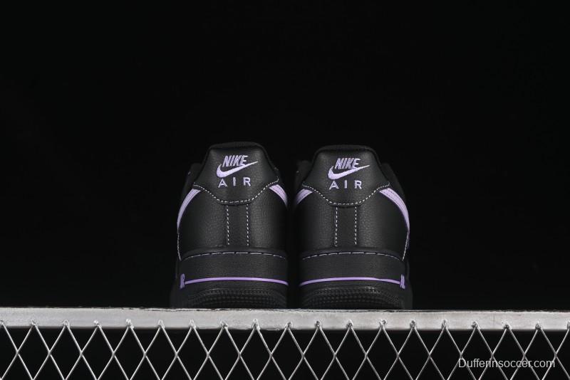 Nike Air Force 1'07 Low Casual Sneakers in Black with Purple Swoosh - HQ2037-001