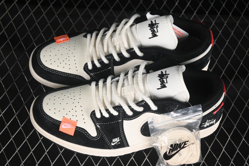 Nike Air Jordan 1 Low Stussy Collaboration Retro Basketball Shoes in Beige Black Yellow - YX5066-302