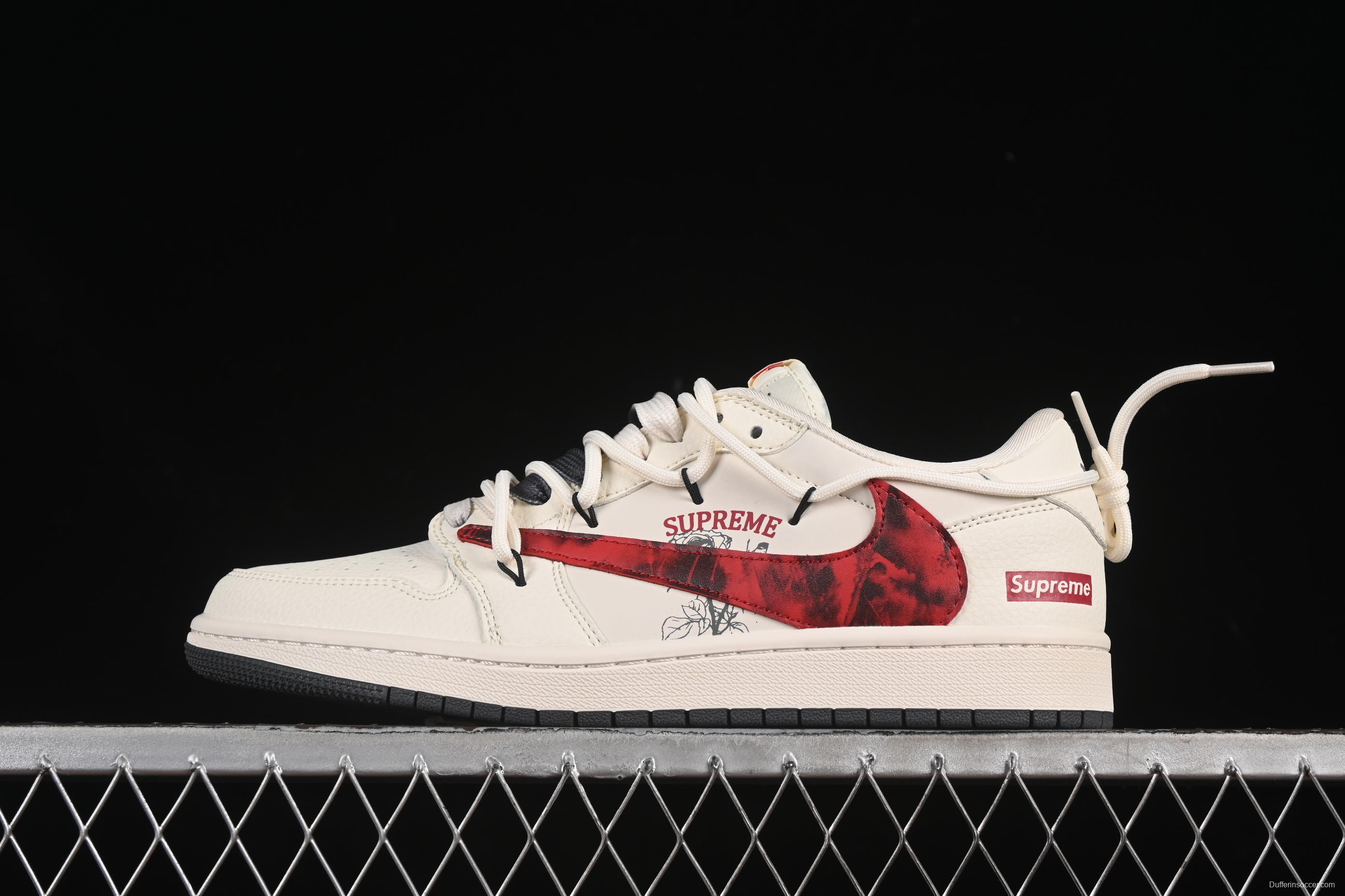 Nike Travis Scott x Fragment Design x Air Jordan 1 Low OG SP AJ1 Supreme Collaboration Sneakers with Reverse Swoosh - DM6868-109