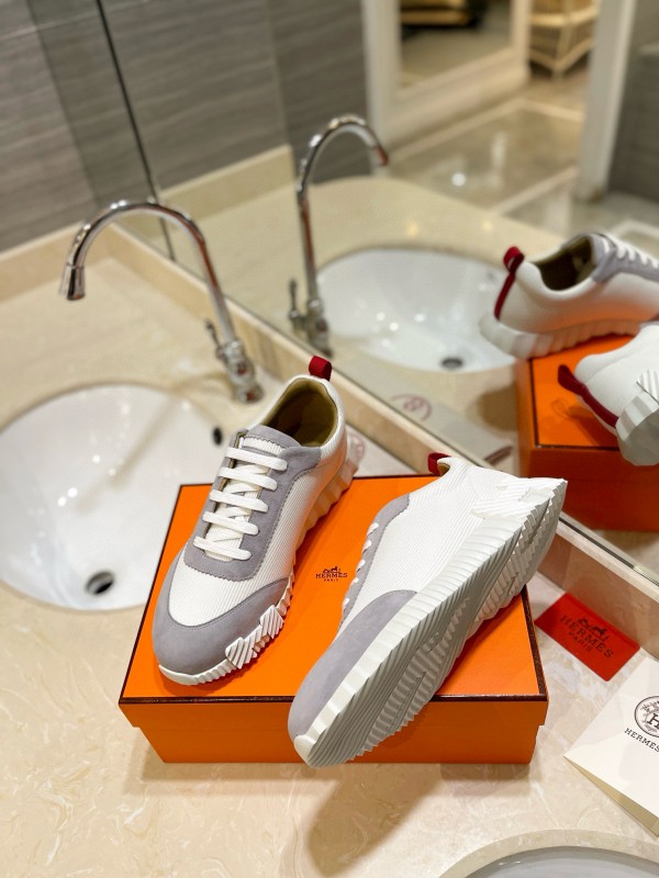 2024 Unisex Hermès White Grey Silk Leather Sneakers MJ00320