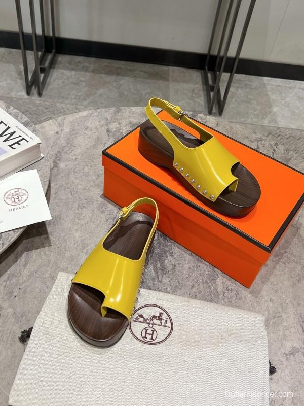 2025 Women Hermès Yellow Leather Sandals