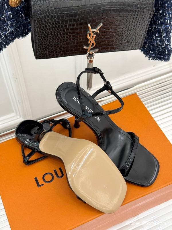 2025 Women Louis Vuitton Black Leather High Heel Sandals