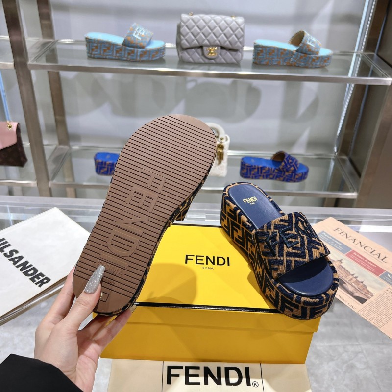 2025 Slippers Fendi Blue Brown Canvas Platform FF Jacquard KFY00240
