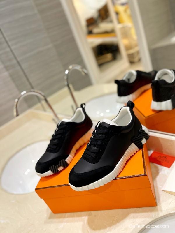 2024 Unisex Hermès Black White Leather Rainproof Fabric Casual Sneakers MJ00320