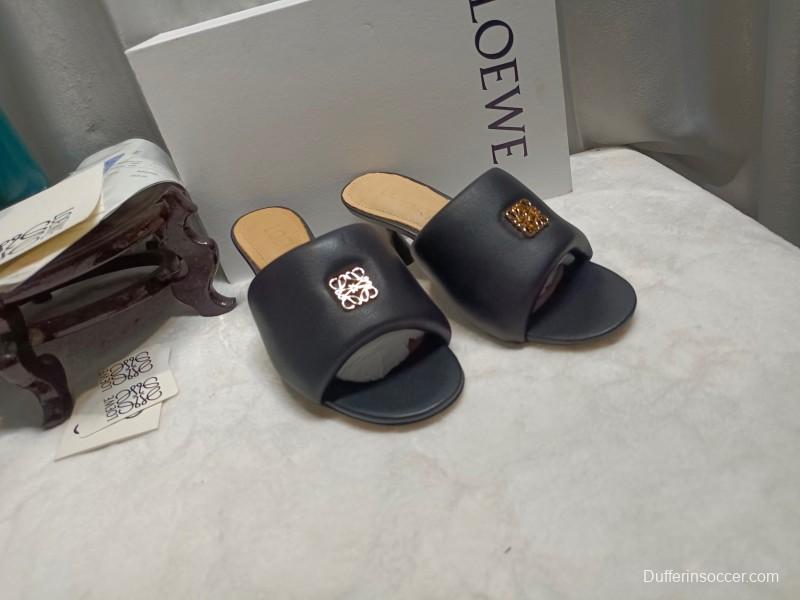 2025 Women Loewe Black Leather Slippers
