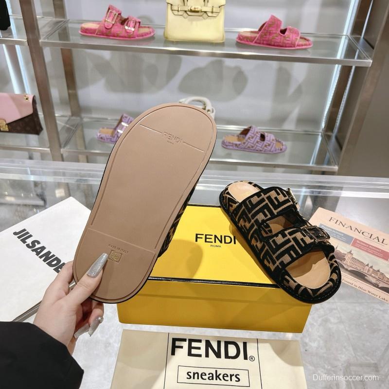 2025 Fendi Black Beige Jacquard Fabric Leather Slippers