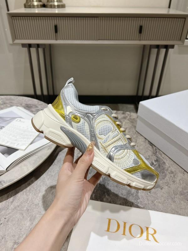 2025 Women Dior White Yellow Silver Mesh Leather Sneakers